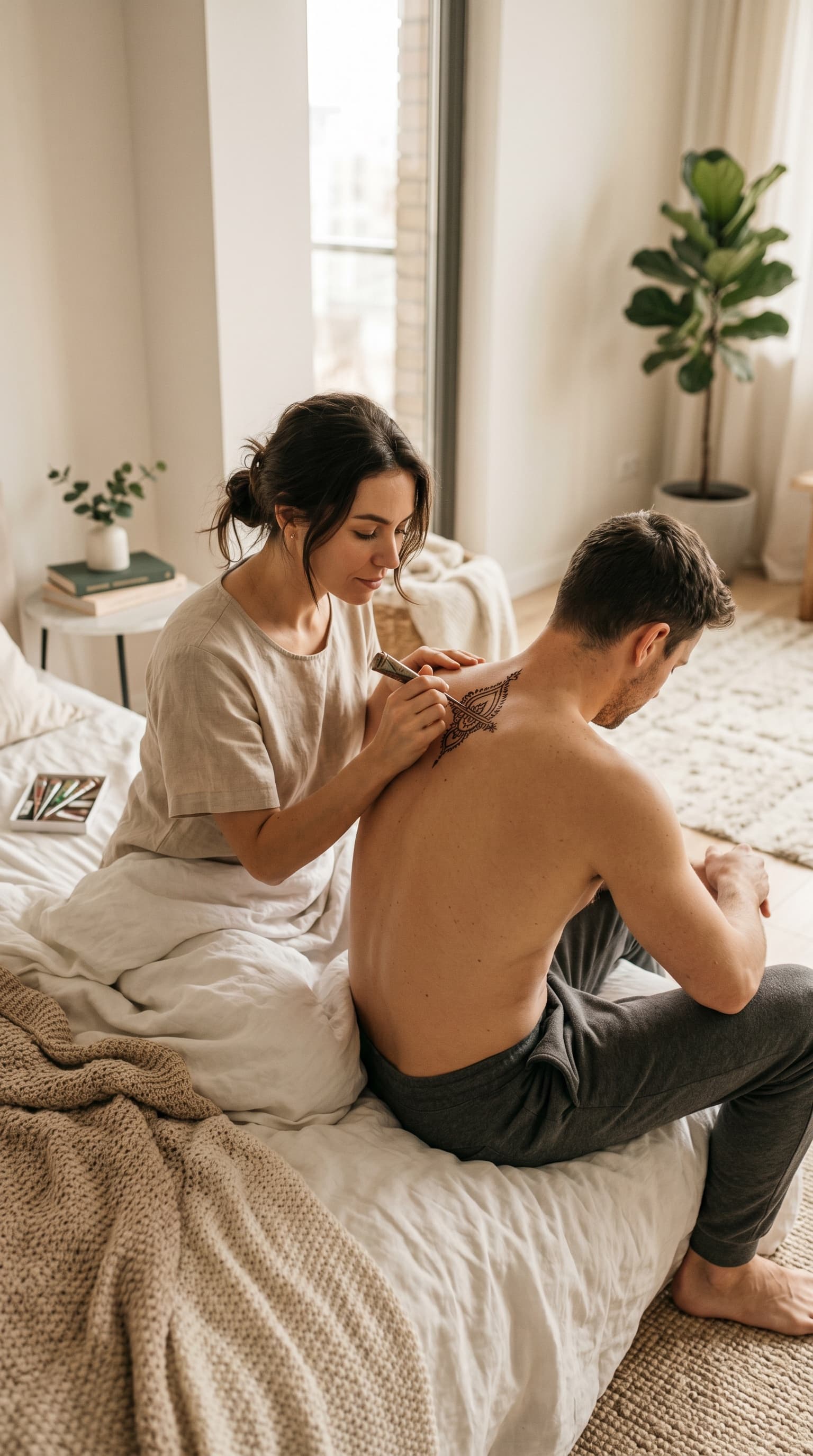 Drawing a paisley henna design on a partner's shoulder in a sunlit bedroom