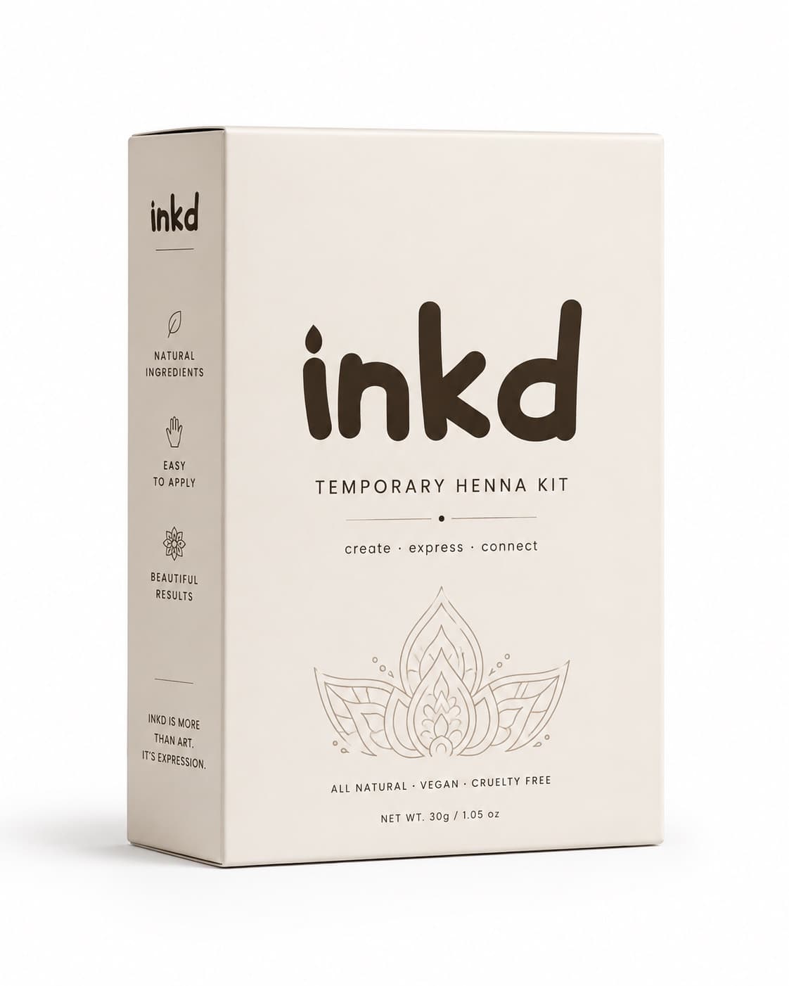 The inkd temporary henna kit box, cream with the lotus mark